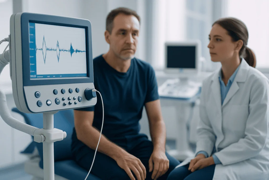 Patient undergoing neurological examination with EEG monitoring at Acibadem Hospital.