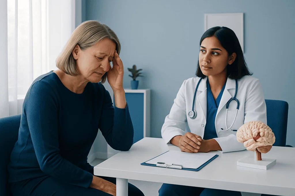 Doctor explaining brain aneurysm symptoms to a patient in a consultation room.