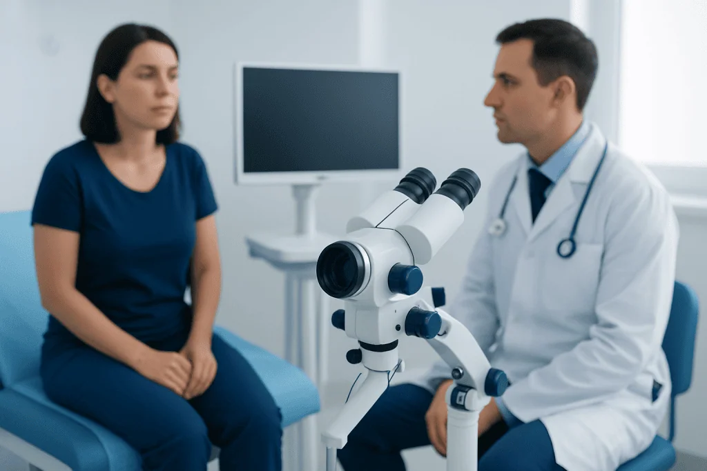 Medical consultation with doctor and patient using microscope at Acibadem Hospitals Group.