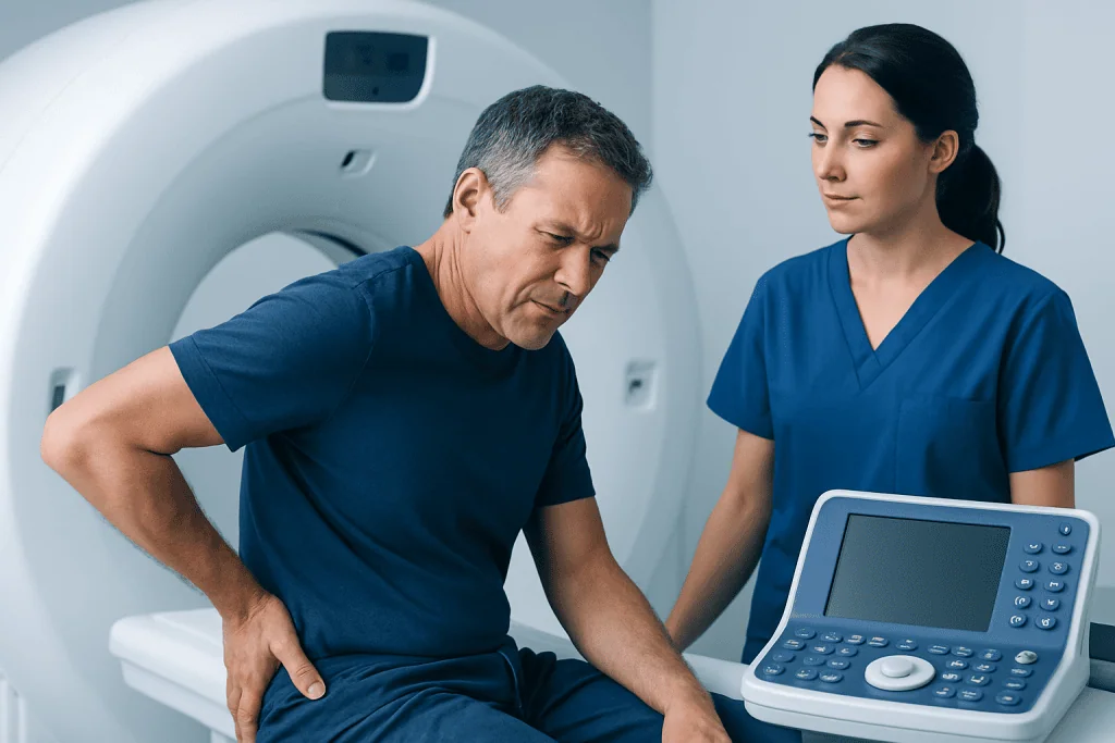 Patient undergoing MRI scan at Acibadem Hospital for spinal health assessment.