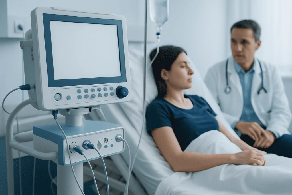 Patient in hospital bed with medical monitor and doctor present.