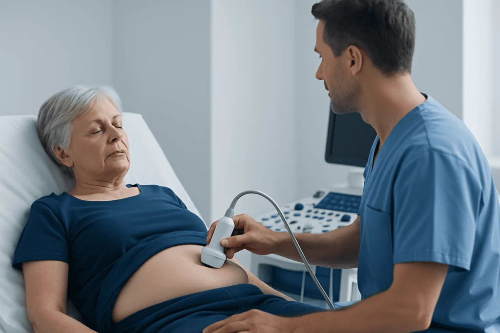 Doctor performing abdominal ultrasound on elderly woman in hospital bed.
