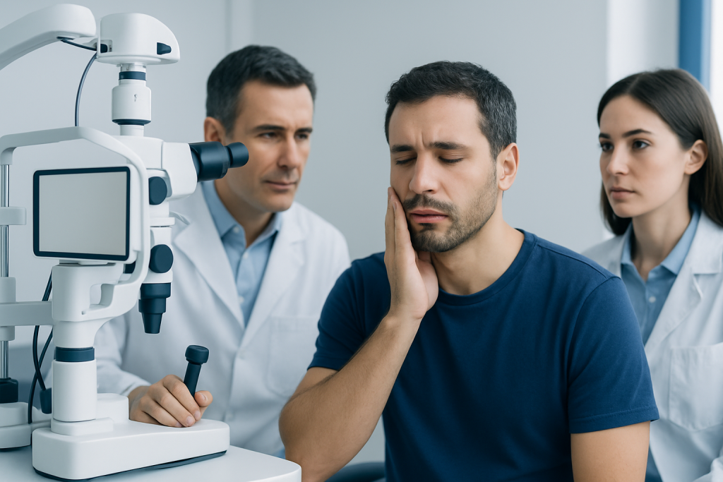 Patient experiencing mouth pain during eye examination at hospital.