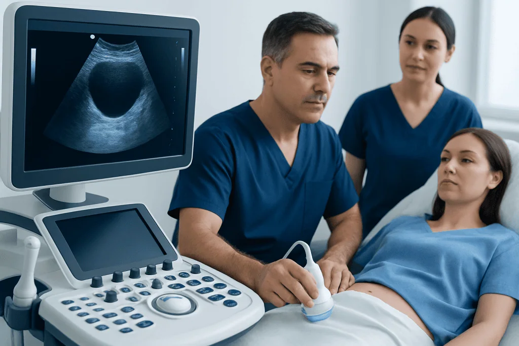 Doctor performing an ultrasound examination on a female patient in a hospital room.