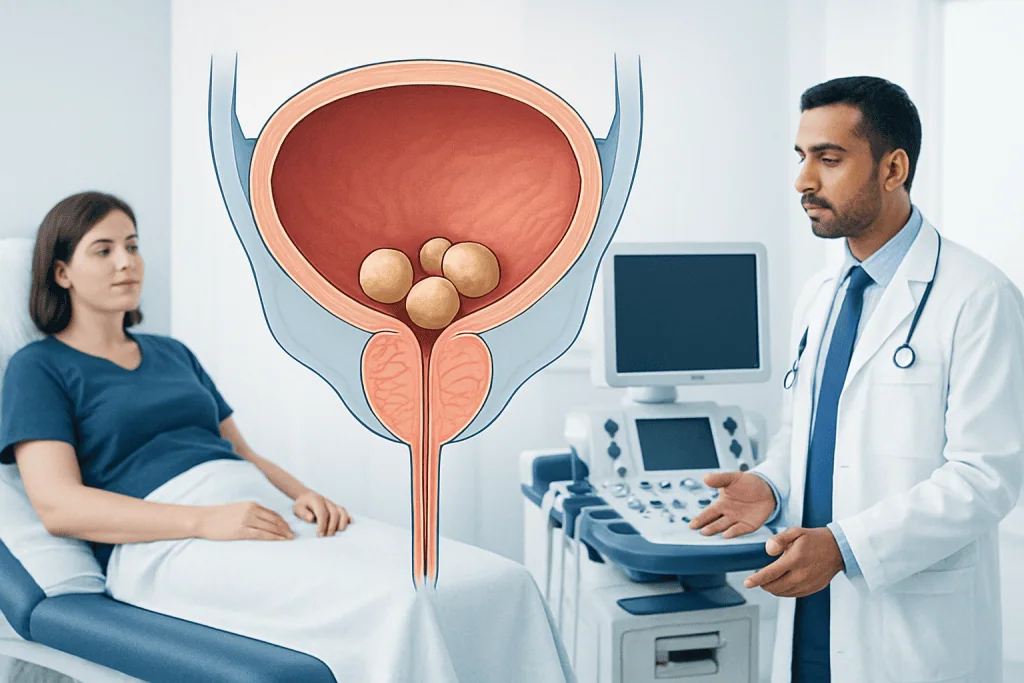 Medical illustration of bladder stones in a patient's bladder.