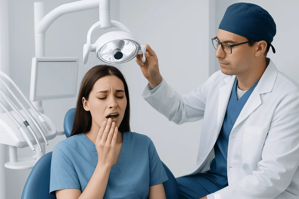 Dentist examining a patient with bleeding gums in a clinical setting.