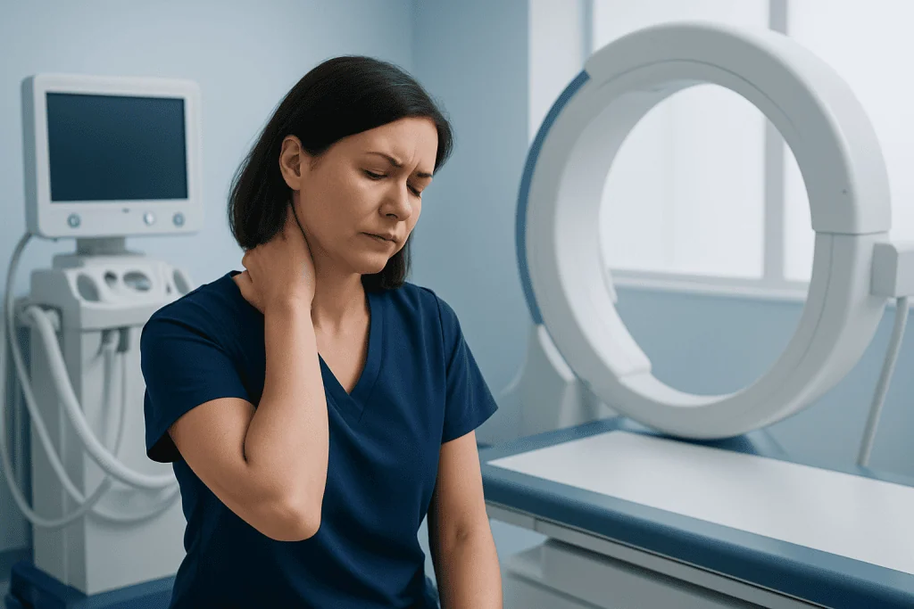 Woman experiencing neck pain in a medical imaging room.