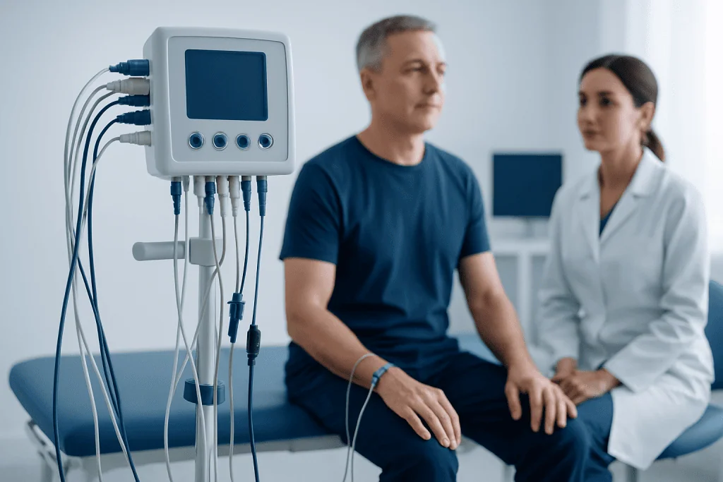 Patient undergoing neuromuscular testing at Acibadem Hospital.