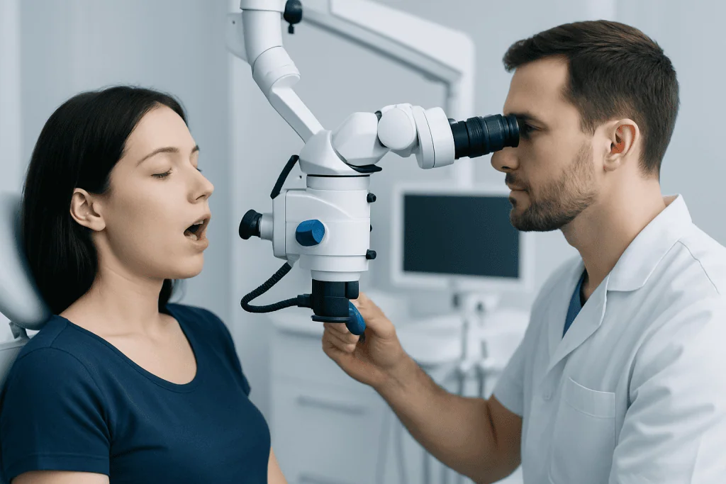 Dentist examining patient's mouth with a microscope in a clinical setting.