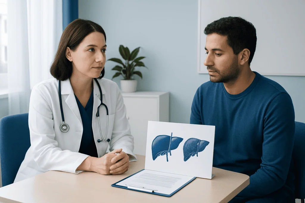 Doctor explaining liver health to patient with liver diagrams.