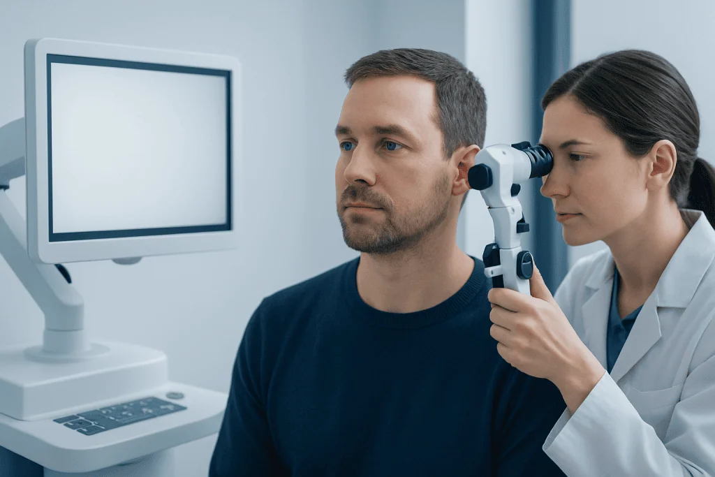 Doctor examining patient's ear with otoscope in clinic setting.