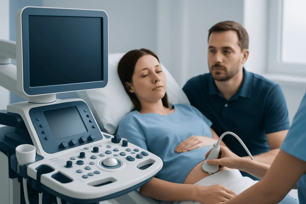 Pregnant woman undergoing ultrasound examination at hospital.