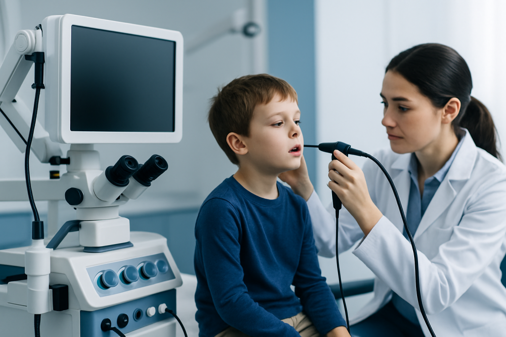 Pediatric ENT examination for adenoid issues in children at Acibadem Hospital.