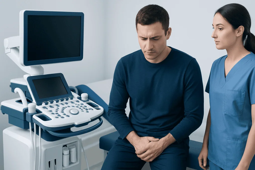 Male patient consulting with a healthcare professional in a medical examination room.