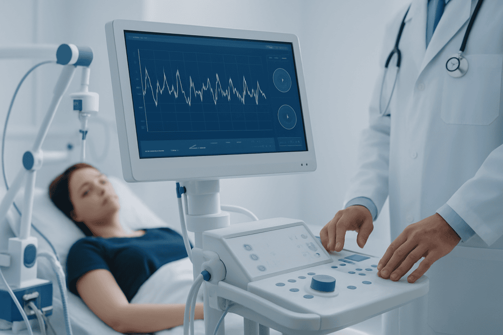 Medical professional monitoring EEG in a hospital room with a patient.