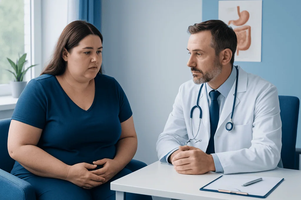 Doctor consulting with a patient about gallstones after bariatric surgery.