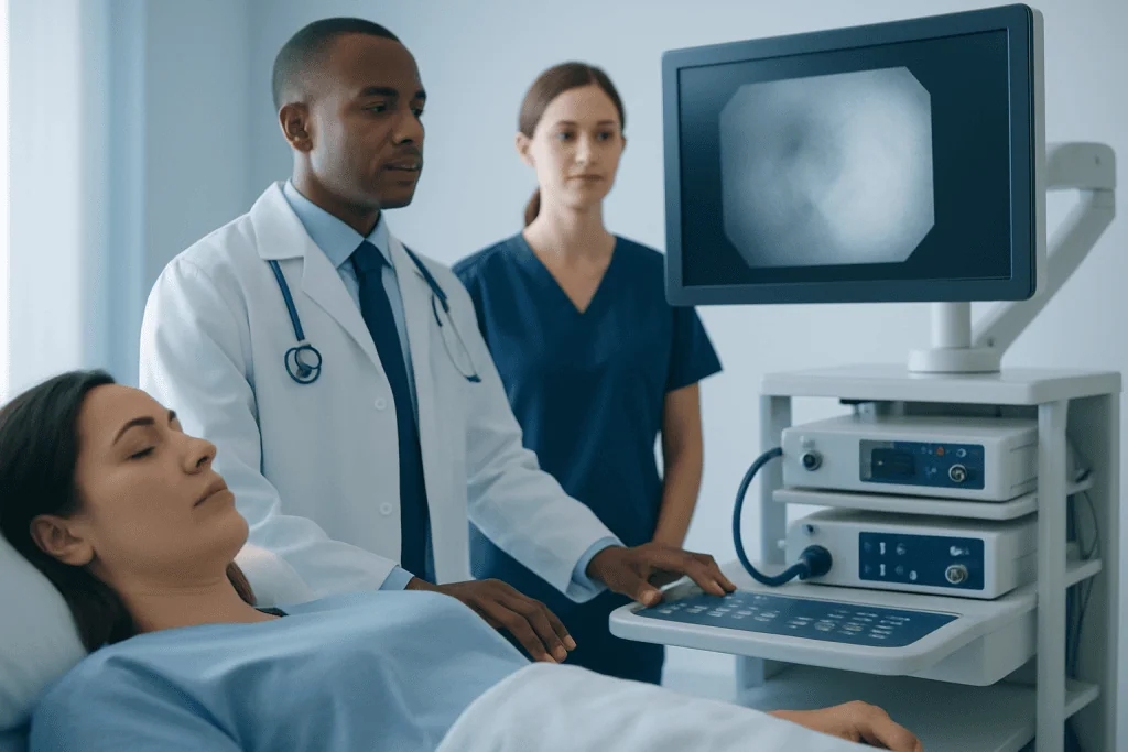 Doctor performing motility test on patient in hospital setting.
