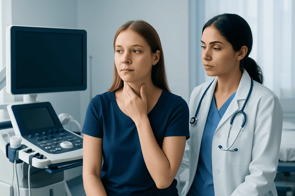 Doctor examining a woman with possible thyroid issue in a medical clinic.