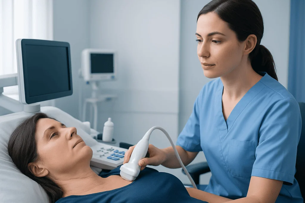 Doctor performing thyroid ultrasound on patient in hospital setting.