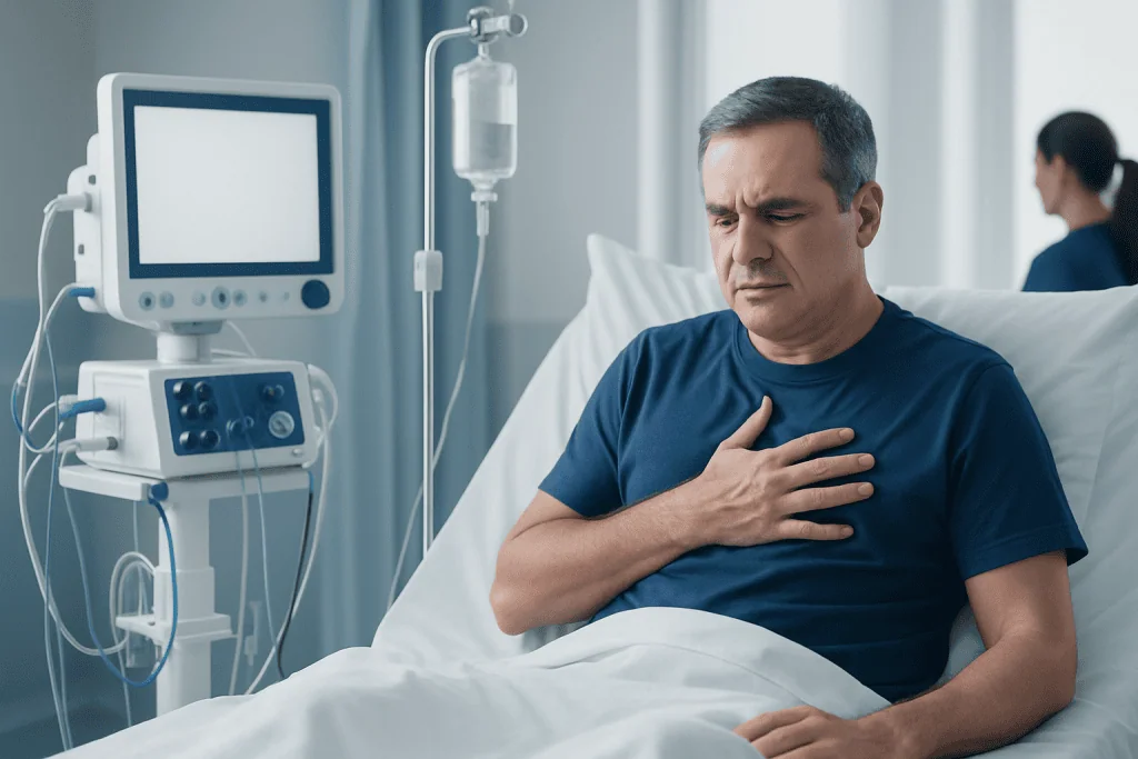 Man experiencing chest pain in hospital bed with medical monitors nearby.