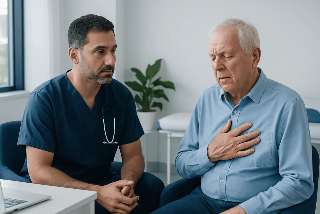 Doctor consulting an elderly man with chest pain in a medical office.