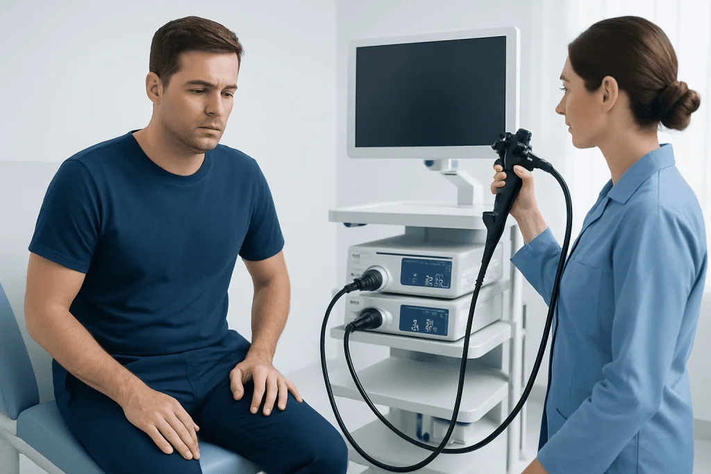 Doctor performing a colonoscopy on a male patient in a medical clinic.