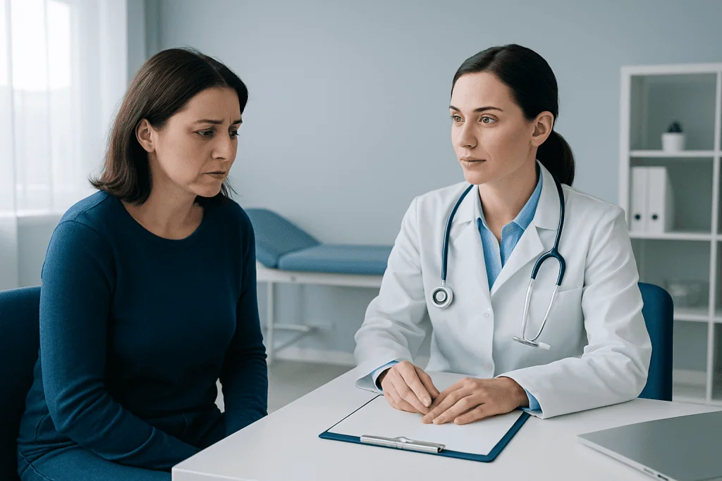 Doctor consulting with a patient about health concerns in a medical office.