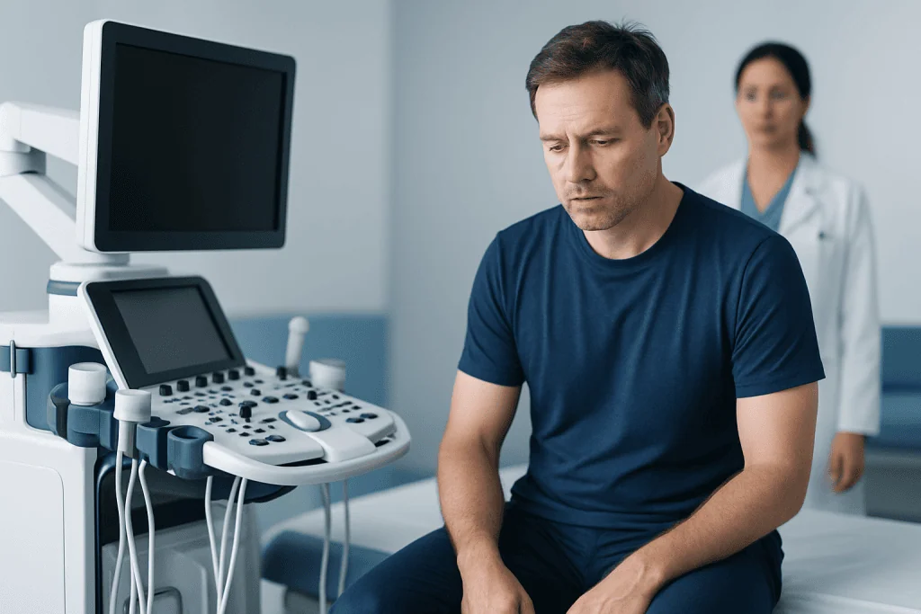 Man undergoing medical examination with ultrasound device in clinic.