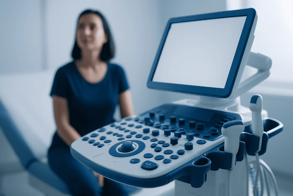 Ultrasound machine in a medical examination room with a patient.