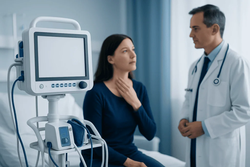Doctor examining a woman with a medical monitor in a clinical setting.