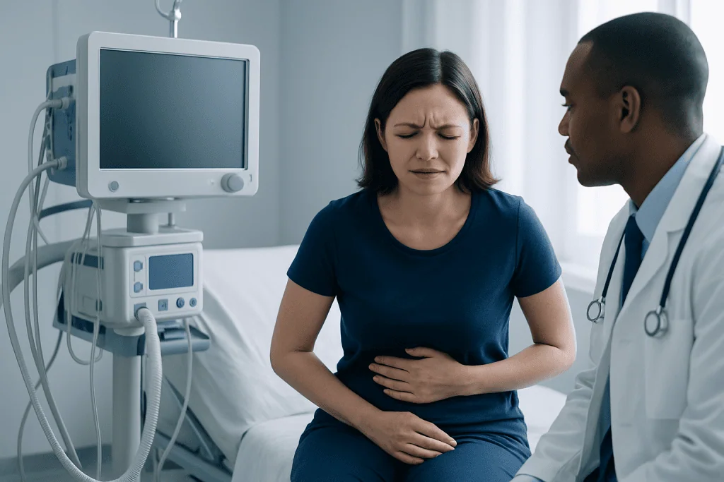 Woman experiencing stomach pain during medical consultation at hospital.