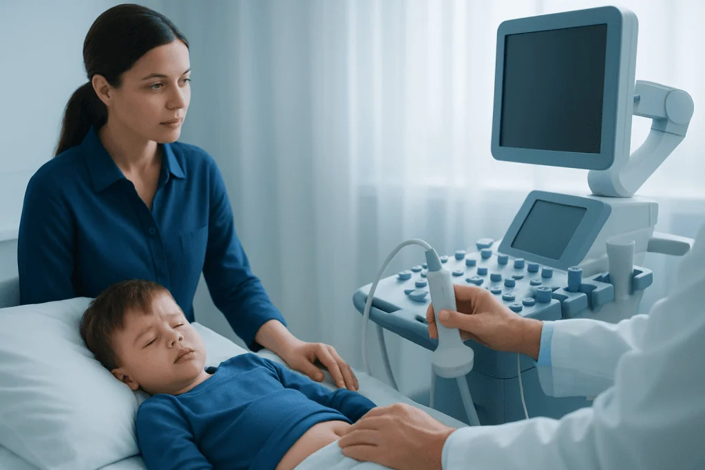 Pediatric ultrasound examination for suspected intussusception in a child.