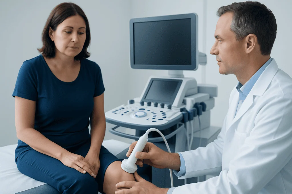 Doctor performing an ultrasound knee exam on a patient in a clinical setting.