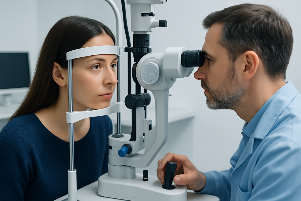 Ophthalmologist examining a woman's eye with a slit lamp in a clinic.