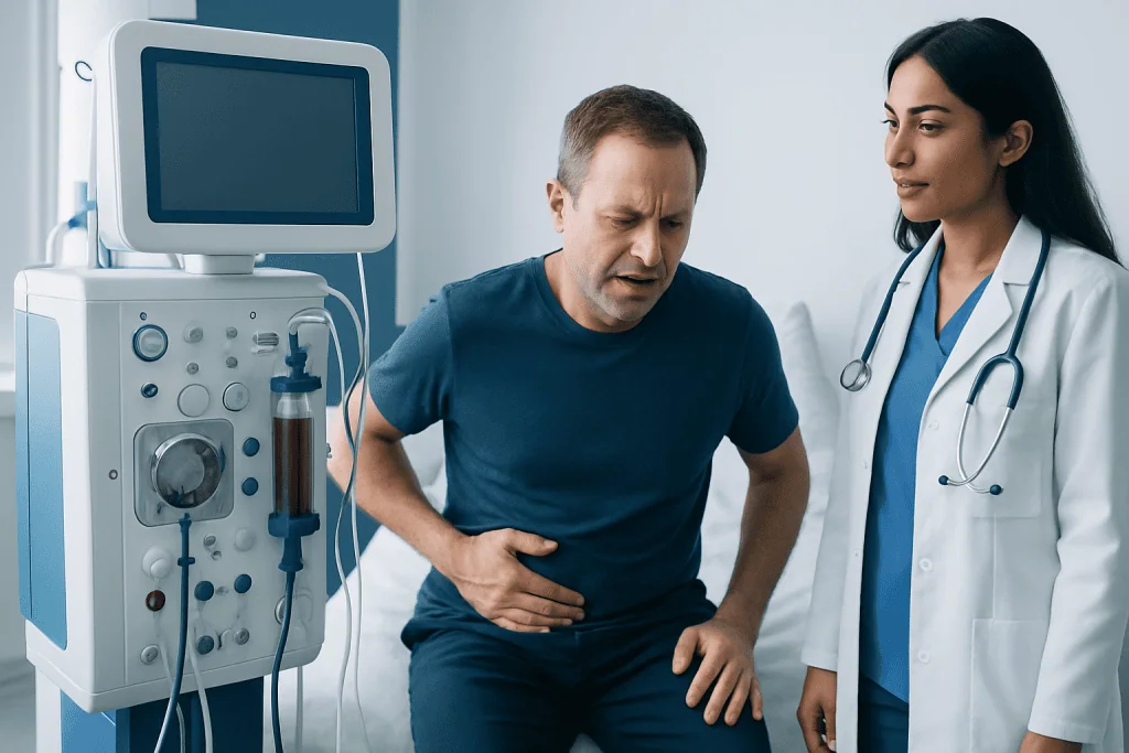 Patient experiencing abdominal pain during medical consultation at hospital.
