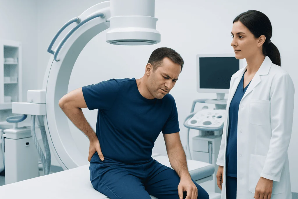 Patient experiencing back pain during a medical examination at a hospital.