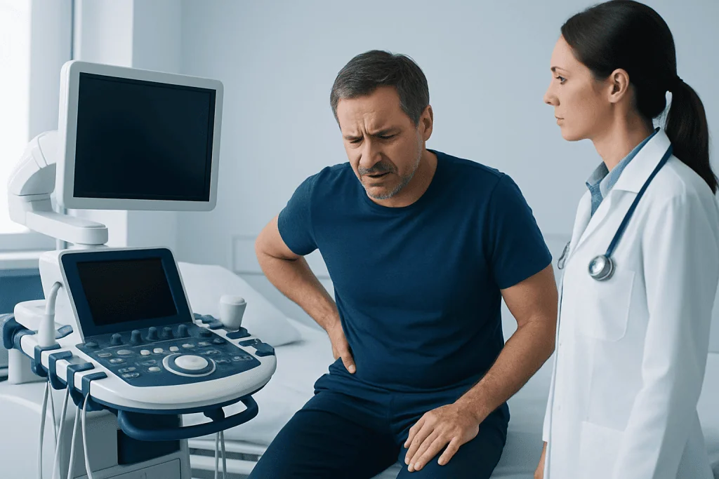 Man experiencing kidney pain during medical examination at hospital.