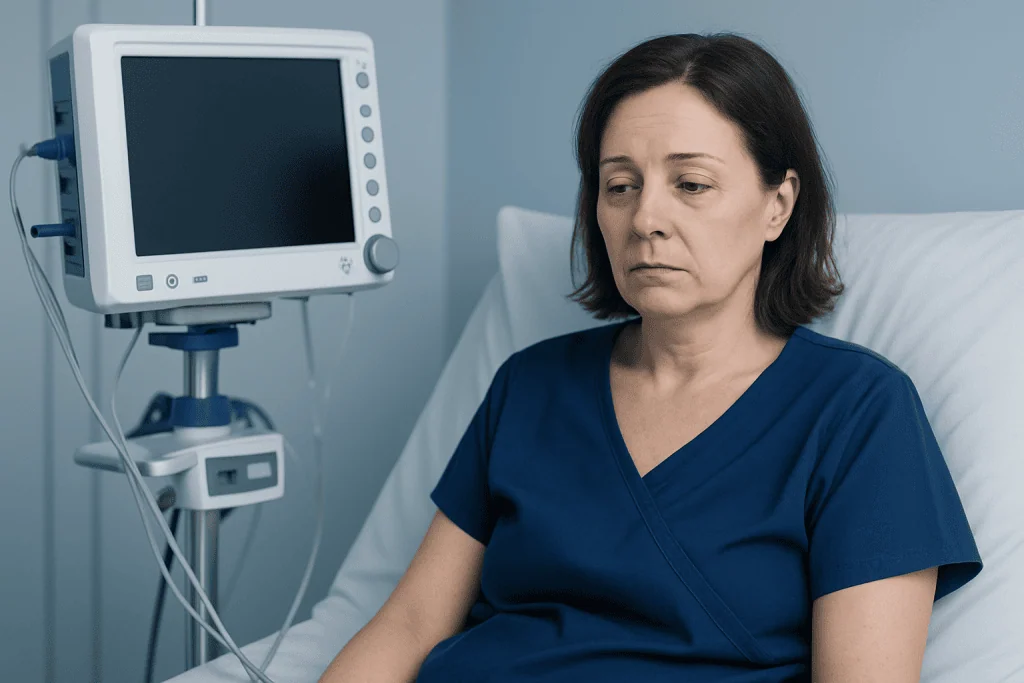 Woman in hospital bed with medical monitor, looking concerned.
