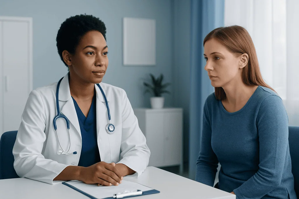 Doctor consulting with a young female patient in a medical office.