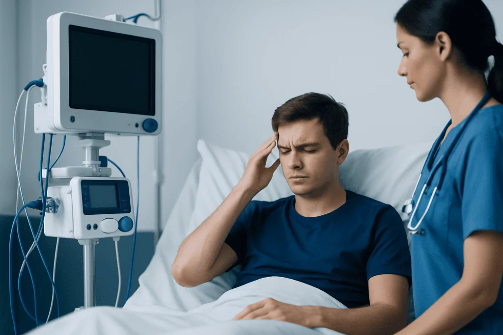 Young man in hospital with headache, doctor nearby, medical equipment in background.