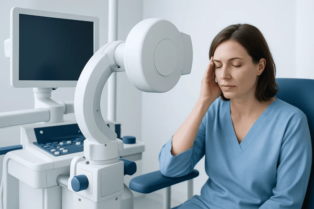 Woman undergoing a medical brain scan in a hospital setting.