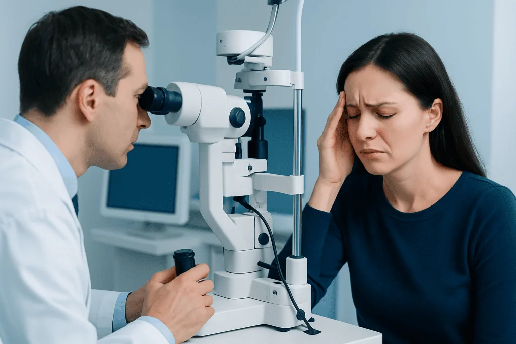 Doctor examining a woman with a microscope in a clinical setting.