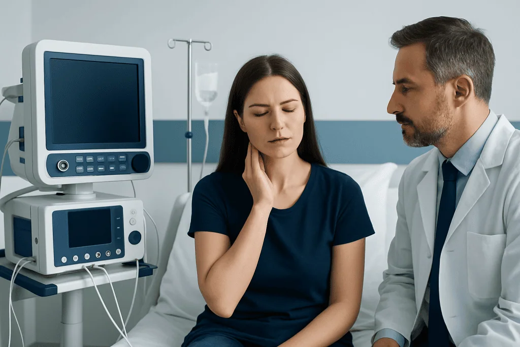 Young woman in hospital with sore throat and doctor examining her.