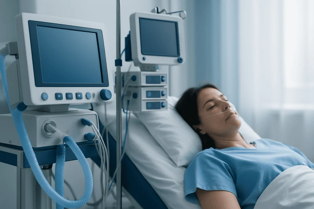 Patient resting in hospital bed with medical monitors nearby.