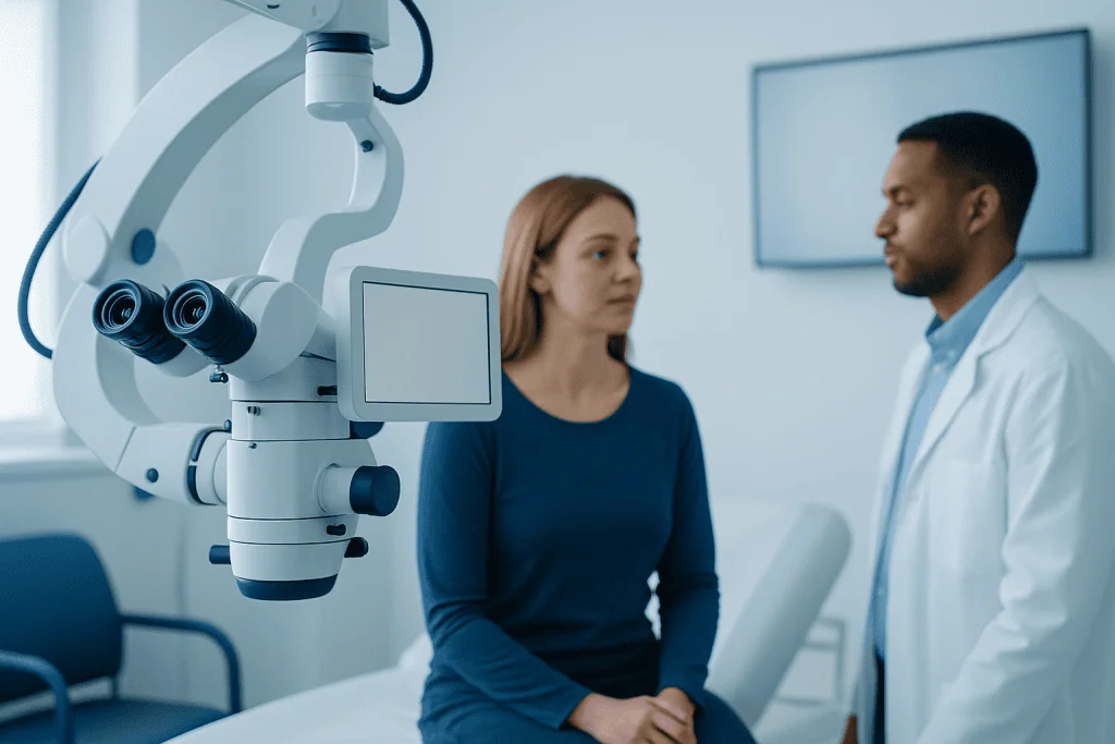 Doctor explaining MRI results to a patient in a medical clinic.