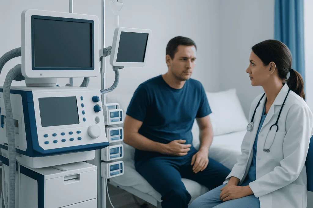 Doctor consulting patient in hospital room with medical equipment.