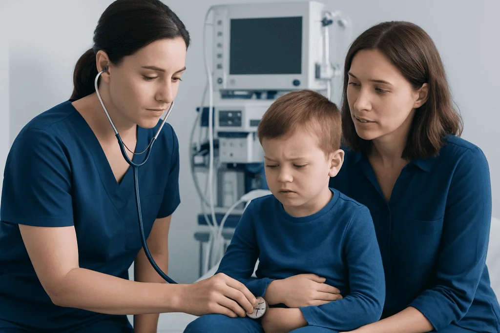 Pediatric nurse examines a young boy with a stethoscope in a hospital.