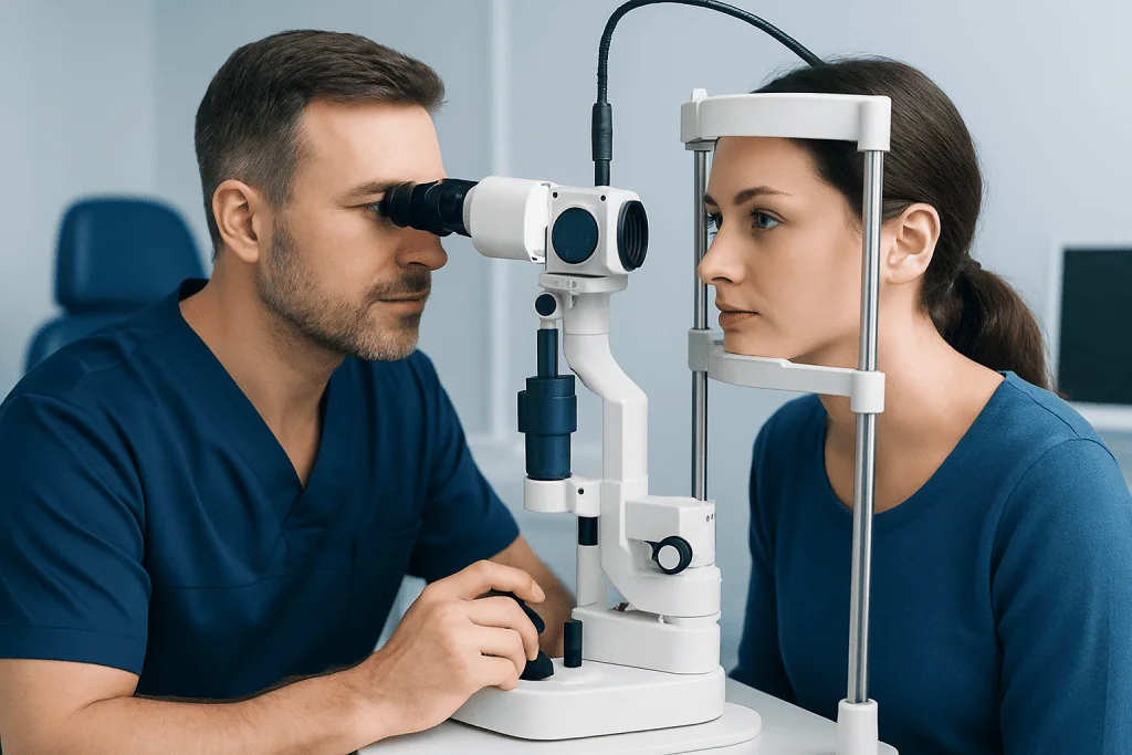 Optometrist examines patient's eye with slit lamp in clinic.