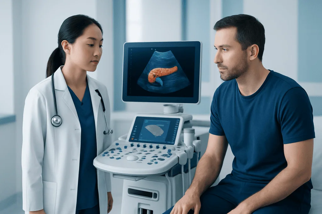 Doctor explaining pancreas ultrasound to patient in hospital setting.