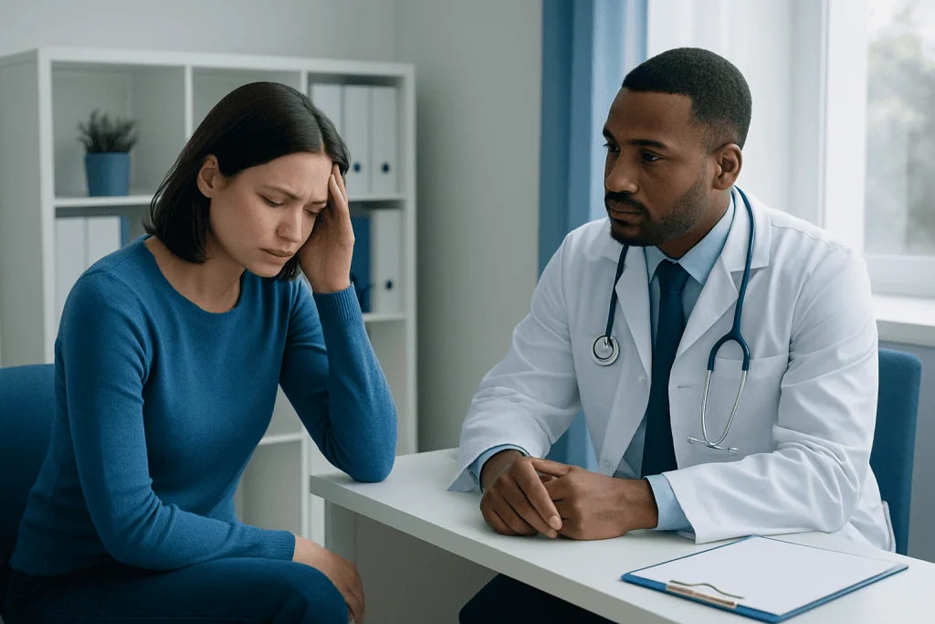 Woman experiencing headache consulting with doctor in clinic.